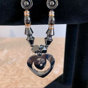 Hematite Crystal Heart in Heart Necklace Screw Closure 14” Gorgeous